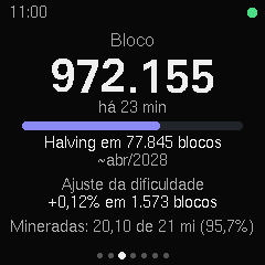 Tela do bloco do Mupli Bitcoin: a altura do bloco, há quanto tempo ele saiu, quantos blocos faltam para o halving, o ajuste da dificuldade e quanto já foi minerado