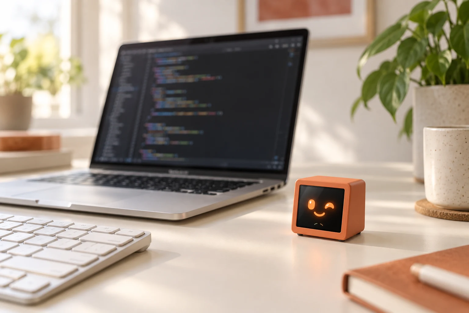 Mupli laranja ao lado de um notebook em uma mesa de trabalho clara